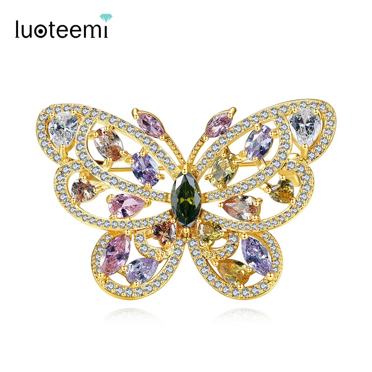 LUOTEEMI Luxury Rainbow Cubic Zirconia Brooches Multicolor Butterfly Shape Dress Jewelry for Women Fashion Christmas Accessories