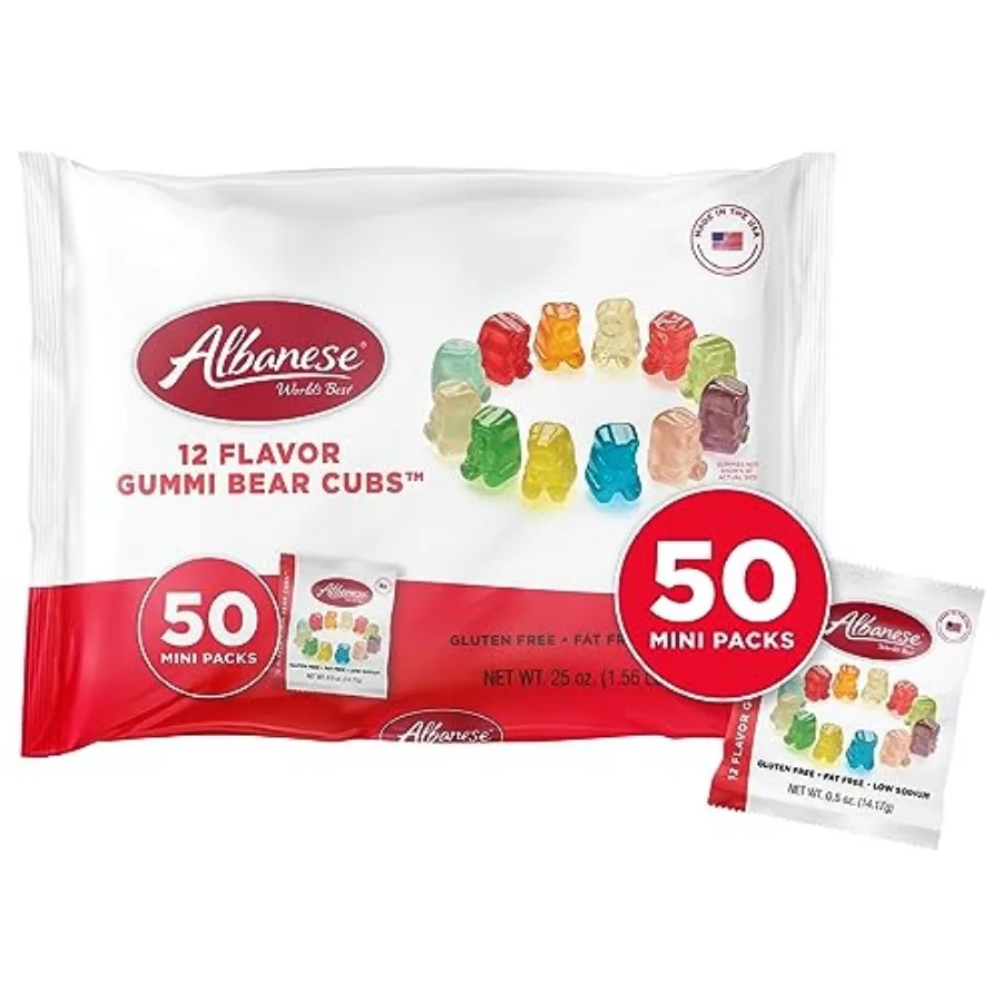 

Albanese World's Best 50- Snack Packs of Candy Miniature, Individually Wrapped, Soft Gummy Cherry, Blue Raspberry, and More Per