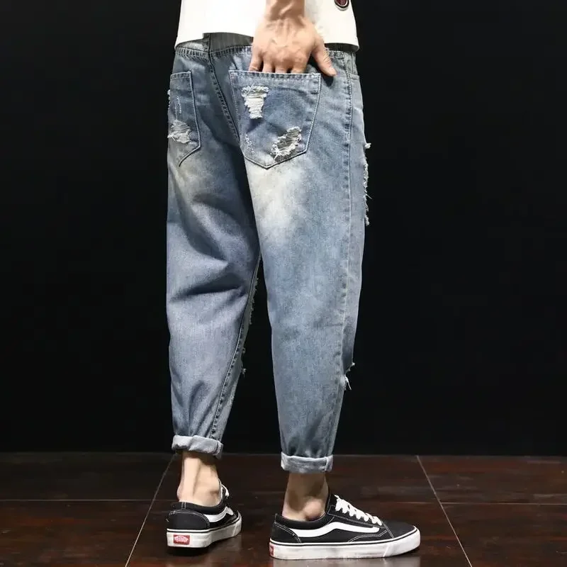 

Foufurieux Men Summer Ripped Ankle Length Oversized Jeans Harem Holes Hip Hop Trousers Denim Scratched Loose Y2k Cool Blue Pants