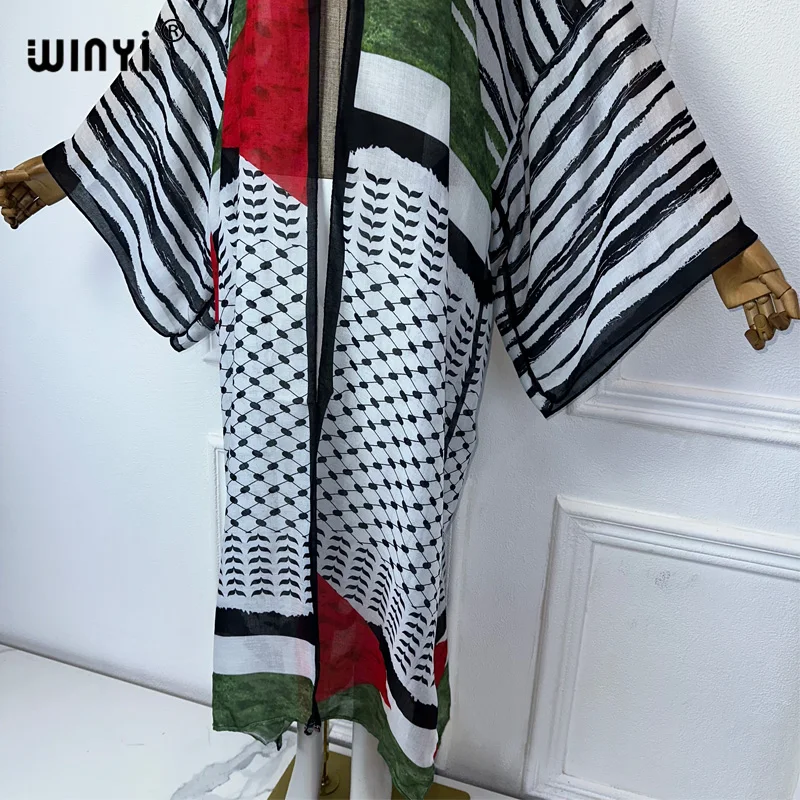 WINYI kimono sweter z nadrukiem wschodu abaya dubaj luksusowe eleganckie stroje plażowe dla kobiet seksowna bawełniana sukienka kaftan