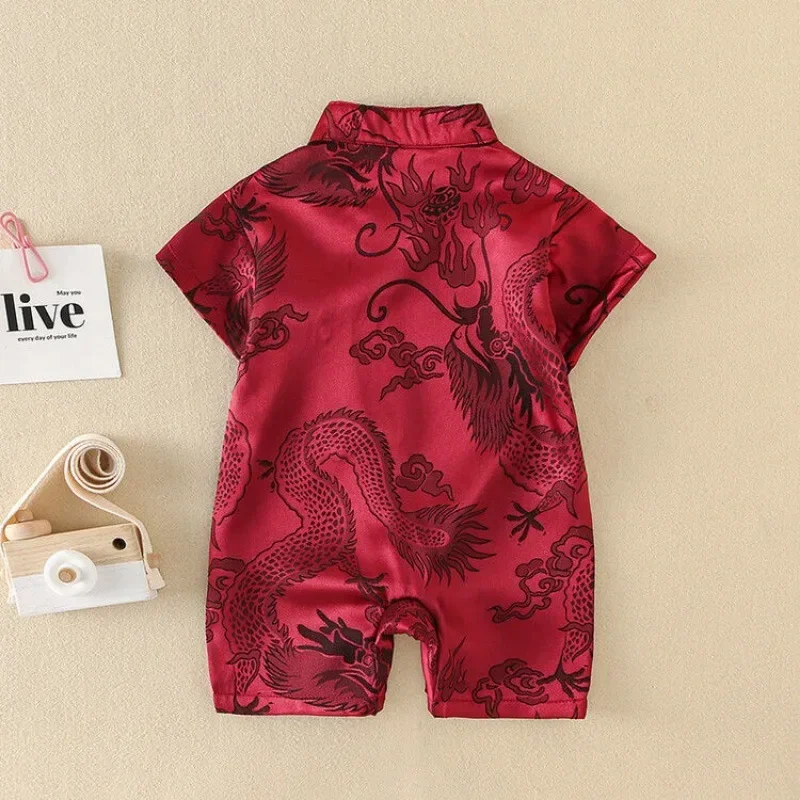 2023 Traditional Chinese Satin Dragon Jacquard Short Sleeve Tang Suit Rompers Newborn Baby Unisex Casual Infant Baby Clothes