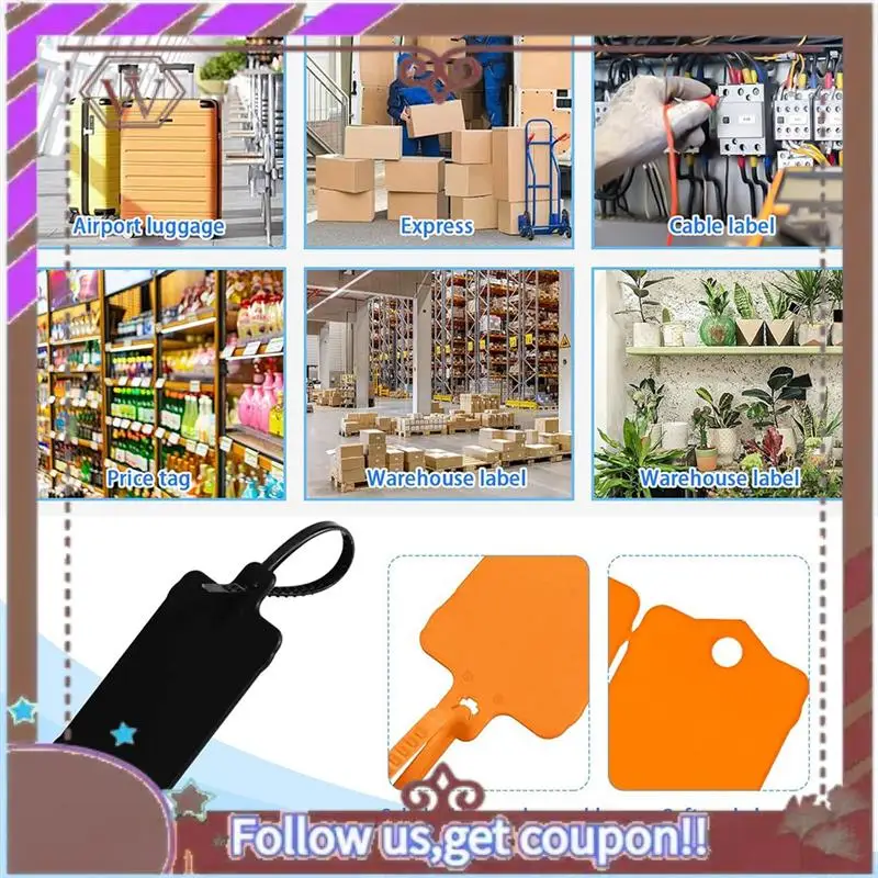 ABBG-200PCS علامات الشحن البلاستيكية، 1.46 × 2.48 بوصة، علامات معلقة مع حزام الختم، ملصق علامات ربط كابل الشحن