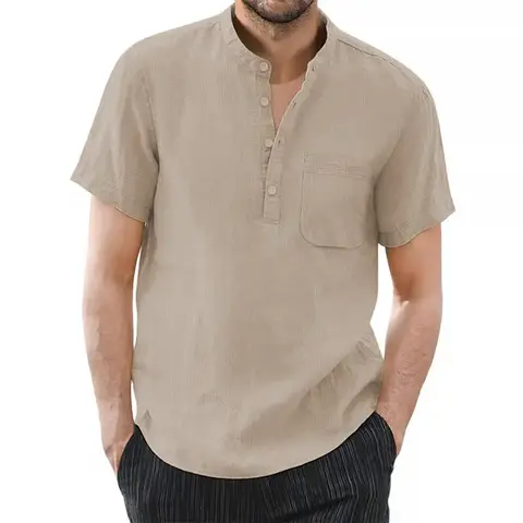 Camiseta de manga corta para hombre, camiseta informal de algodón y lino para hombre, camisa de verano de Color sólido, cómoda y transpirable, talla estadounidense