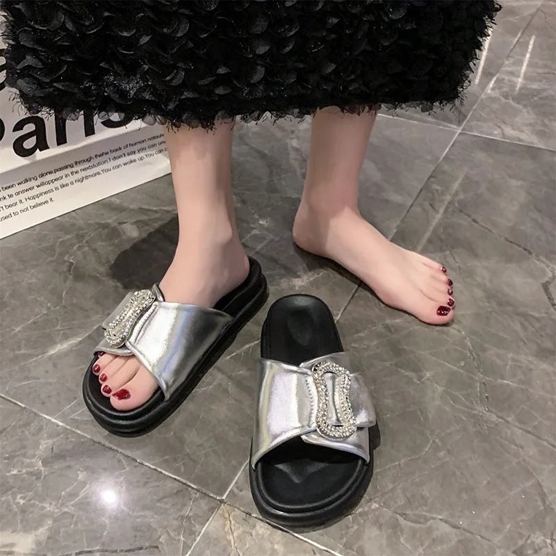 Zapatillas de verano con purpurina para mujer, chanclas de goma con plataforma baja, planas, Estilo Hawaiano, romanas, 2024