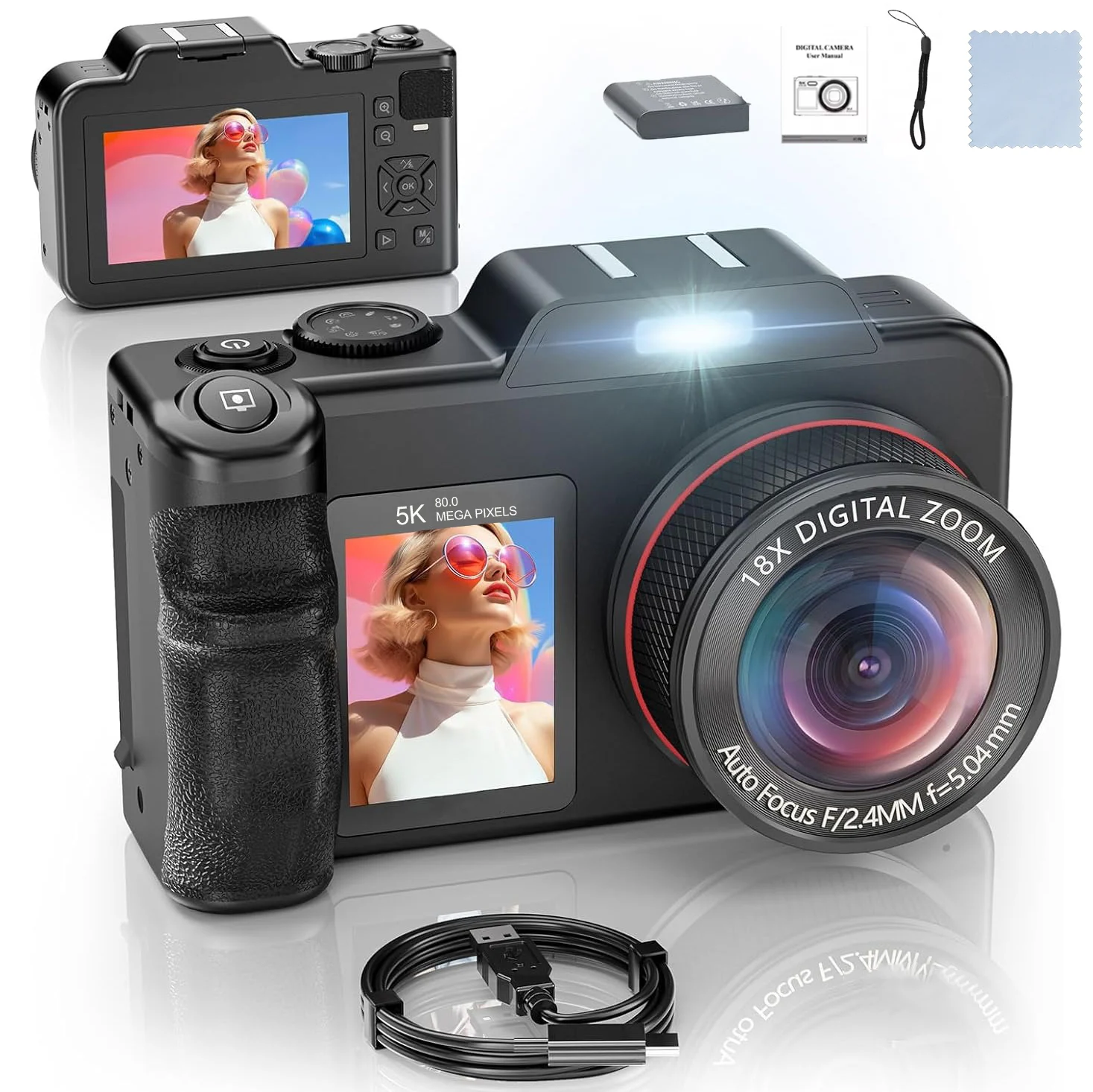 V02 5K digitale camera 18X digitale zoom 80MP Vintage Vlog videorecorder YouTube Travel Dual Screen fotografiecamera met flitser