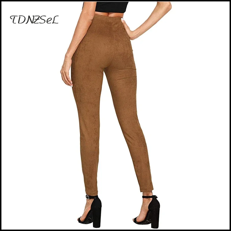 Stretch Seamless Legging Women Tan Faux Suede Leather Pants Slim Lady Autumn Skinny High Waist Pencil Trousers Fashion Custom