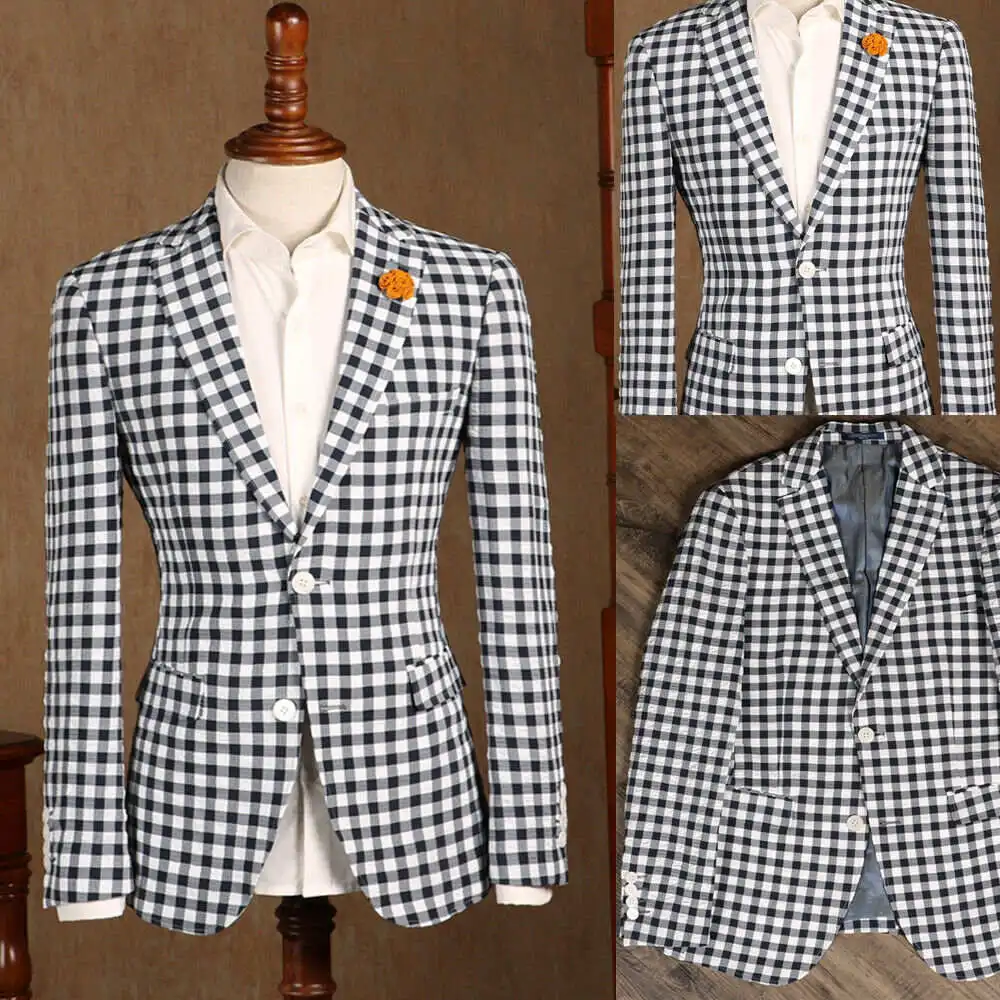 

Business Plaid Mens Jacket Slim Fit Groom Party Wedding Tuxedos Formal Prom Check One Blazer