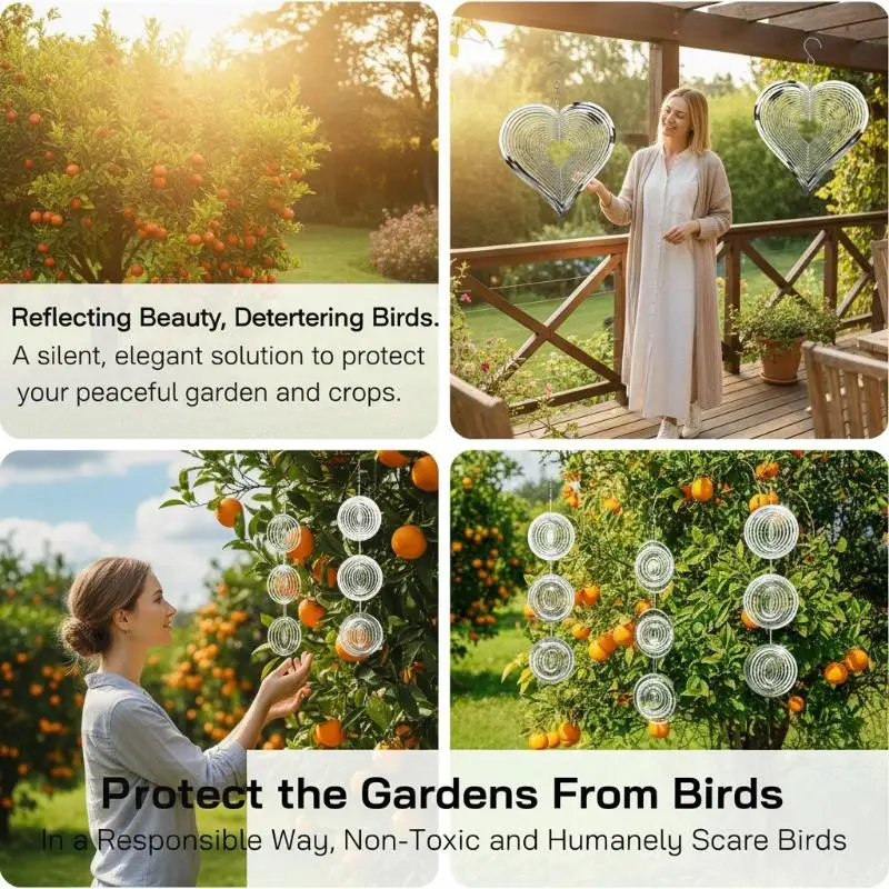 Stainless Steel Reflective Bird Repellent With Hook 3D Rotating Heart Wind Chime Bird Deterrent Farm Garden Hanging Decor