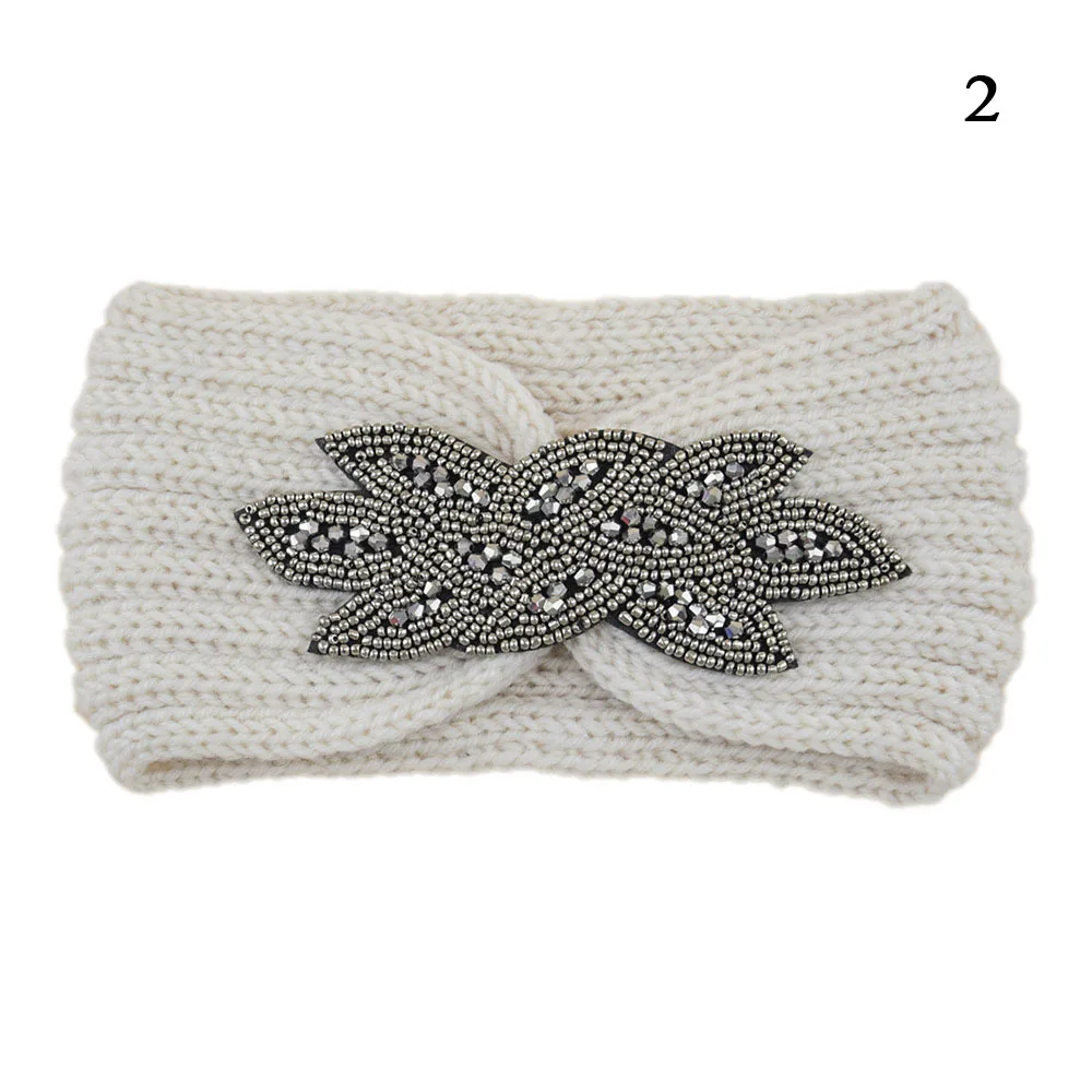 Women Headband Winter Ear Warmer Crystal beads Turban Headwarp Knitted Wool bandana Bandage Hair Accessories Boho Headwear