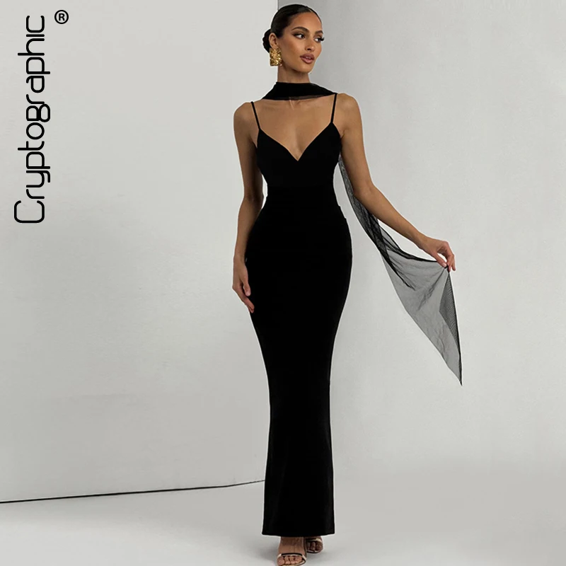 暗号化ネックスカーフリボン付きスリップマキシドレス、女性用プロムガウン、エレガントなクラブパーティースリーブレススリットドレス、ボディコン服
