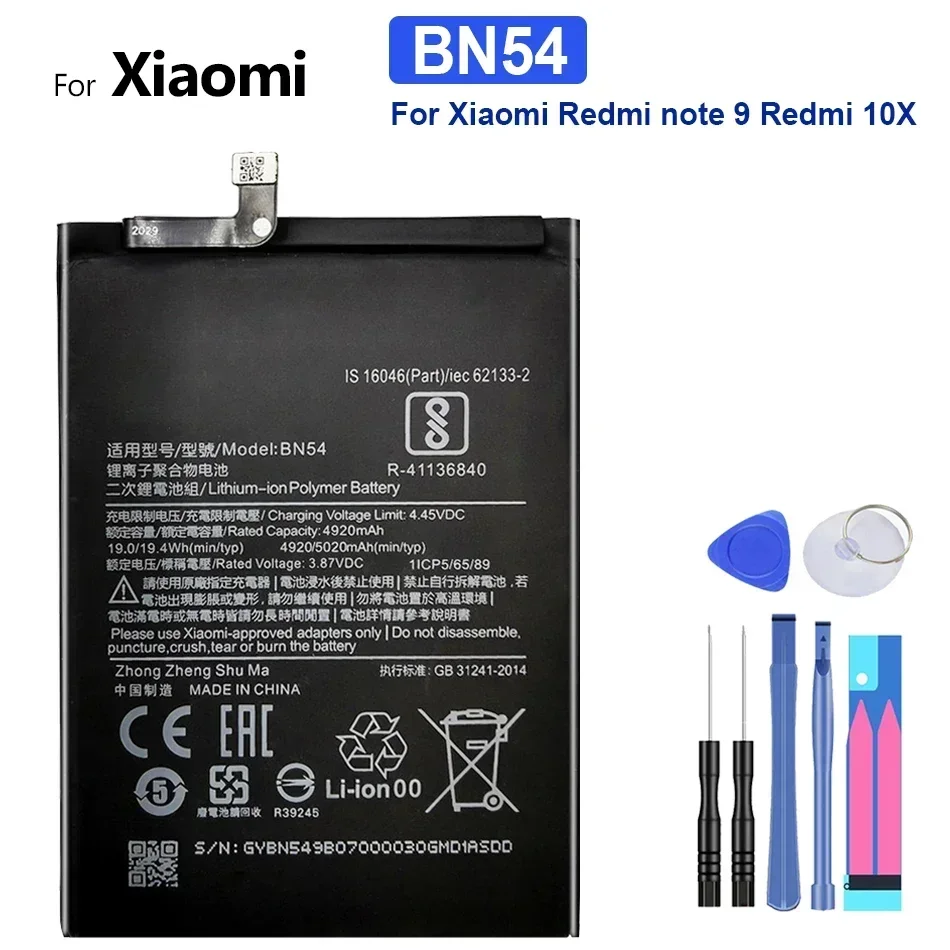 Replacement Battery for Xiaomi Redmi Note 9 Pro, 5020mAh, BN53, BN54, BN55, BM4W, BN62, 9S, 4G, 5G, Batteries Tools