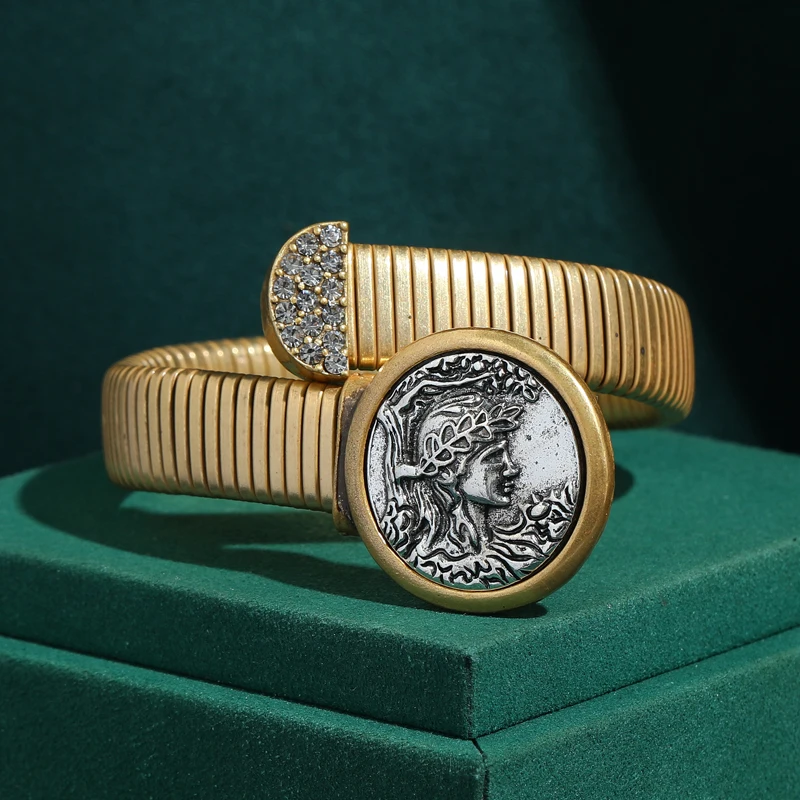

Antique Gold Plated Ancient Coin Bangles Vintage Cameo Beauty Jewelry Cuff Bracelet Accessories For Women Retro Festival Gift