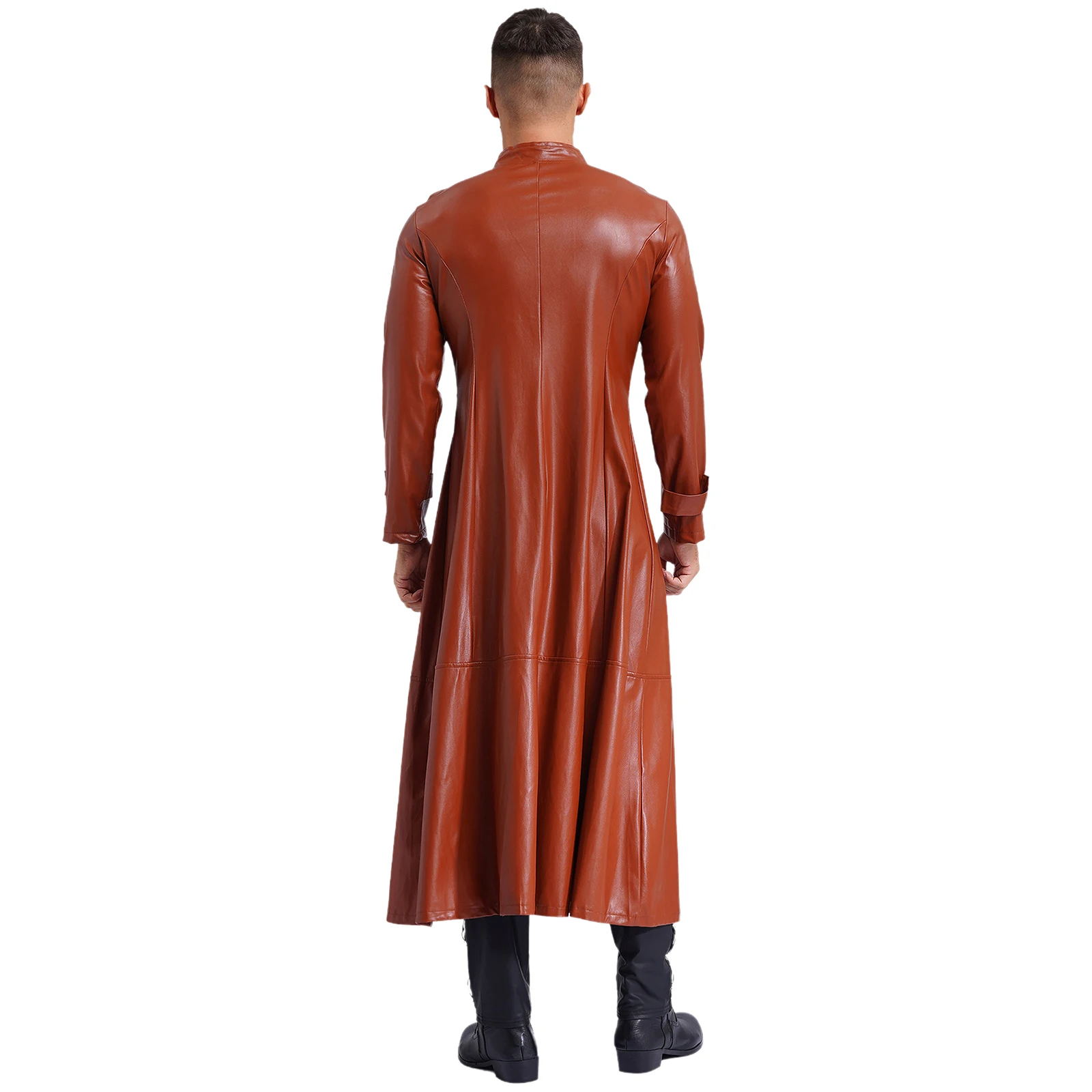 Mens Steampunk Faux Leather Trench Coat Clubwear Stand Collar Front Zipper Long Sleeve Long Coat Windproof Jackets Overcoat Tops