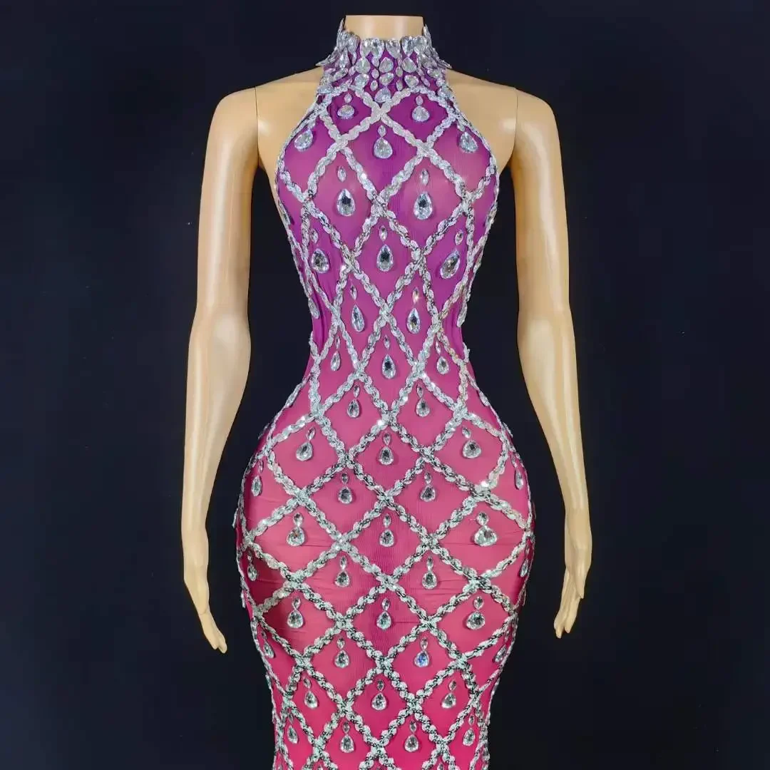 Kryształowa Sukienka Damska Seksowna Urodzinowa Występ Sceniczny Świętowanie Strój Drag Queen