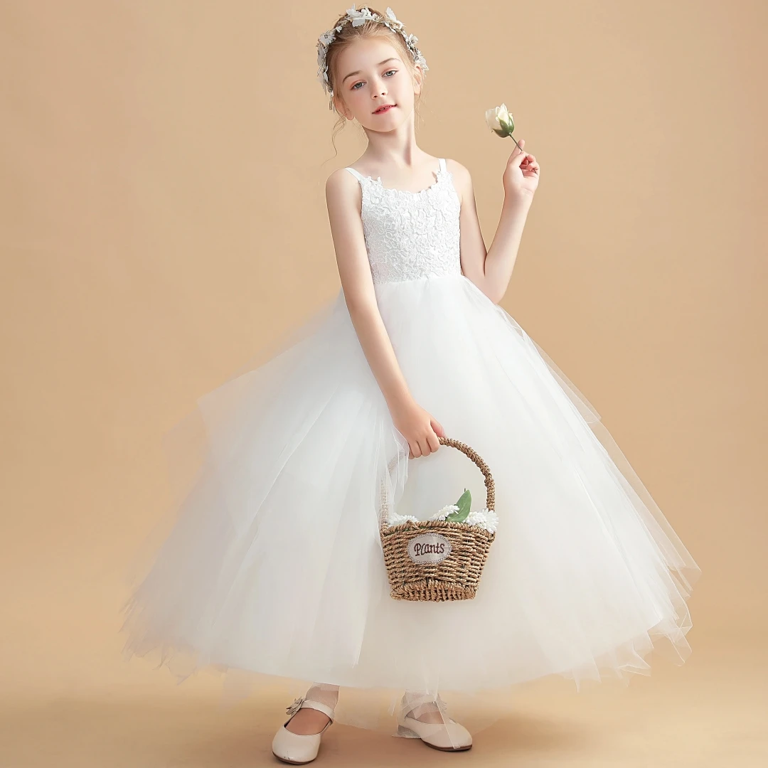 

Customized Flower Girl Dress White Floral Appliques With Bow Sleeveless For Wedding Prom Birthday Party Holy Communion Gown