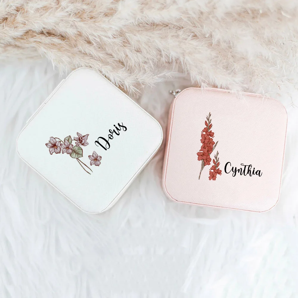 Personalised Birth Month Flowers Jewellery Box Travel Jewelry Case Customized Birth Flower Jewelry Box Birthday Gift for Her