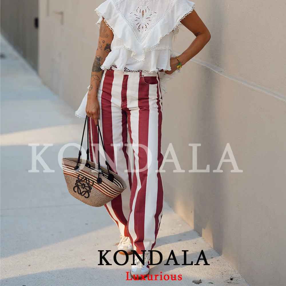 KONDALA Vintage Chic Rote Streifen Loose Fit Lange Hose Boho Elegante Damen Weite Hose Mode 2026 Herbst Lässige Damenhose – Detail 2