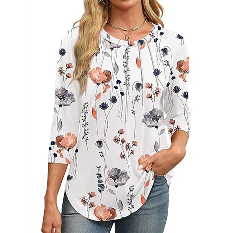 

ABP-3/4 Length Sleeve Womens Tops Round Neck Casual Tunic Tops Basic Pleated Shirts Loose Fit 2025