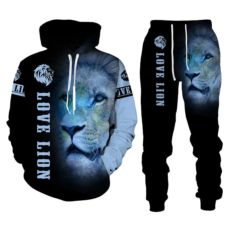 3D tigre e lobo impresso com capuz e calças para homens e mulheres, conjunto de treino, sportwear, roupas legais, animais, outono, inverno, 2 peças