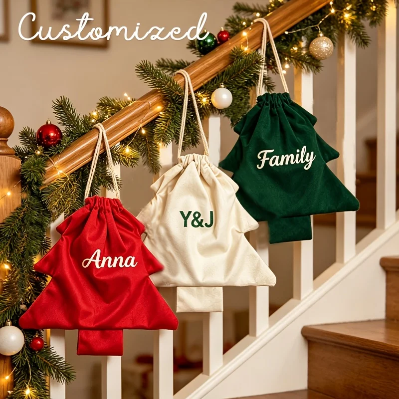Embroidery Custom Name Christmas Velvet Drawstring Gift Bag Personalized Tree Shape Storage Pouch Personalized Holiday Gift Sack