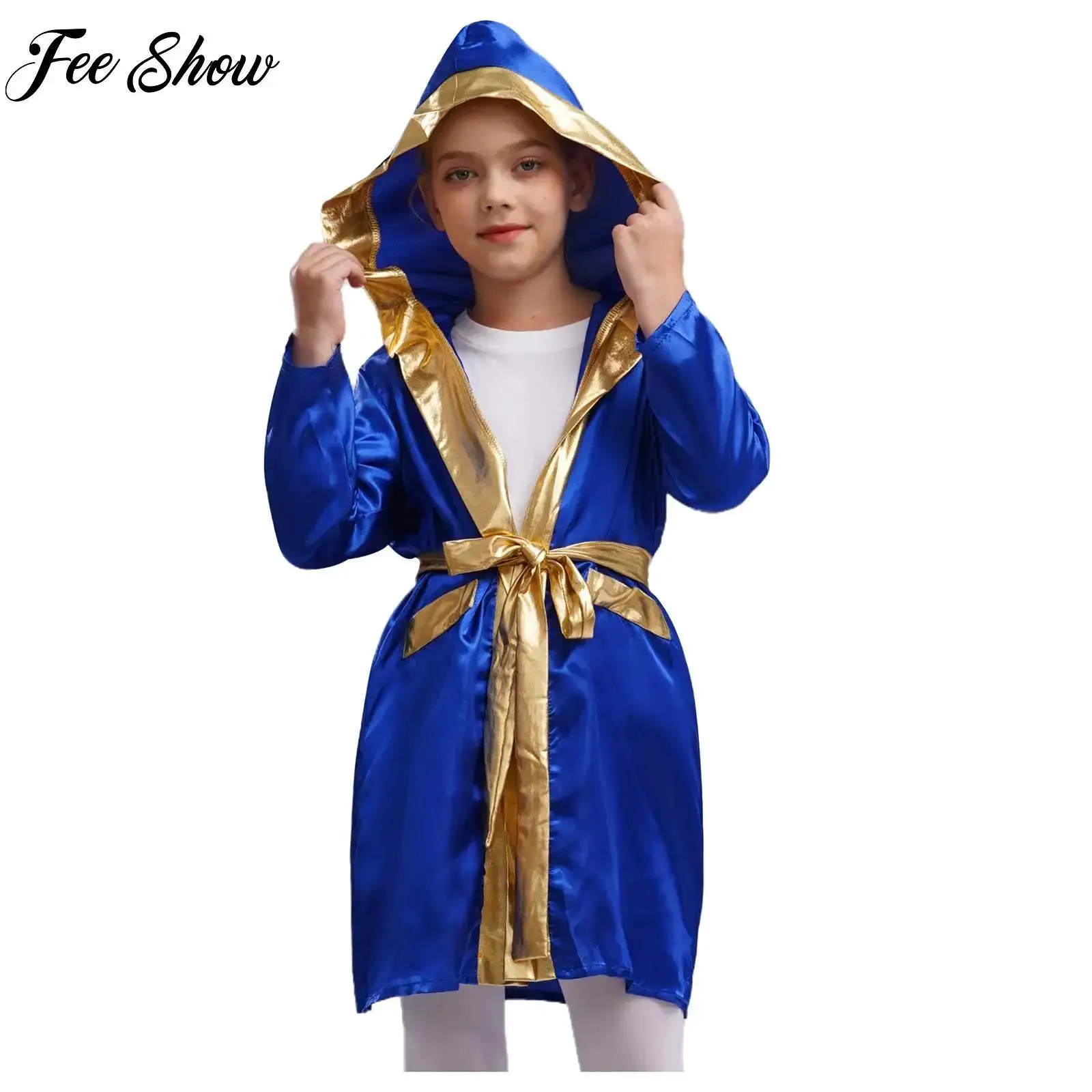 

Boys Boxing Robe Halloween Performance Cosplay Costume Kid Long Sleeve Open Front Metallic Trim Satin Hooded Cloak with Belt Set