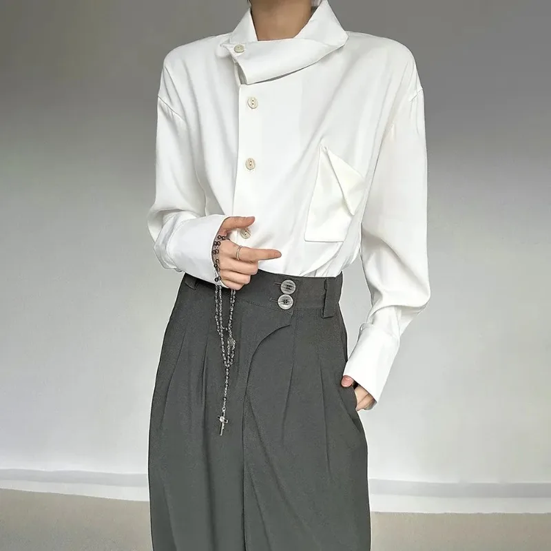 Spring New Men's Long Sleeve Solid Color Shirt Elegant Retro High-End Fashion Loose Neckline Design Irregular Men's Tops