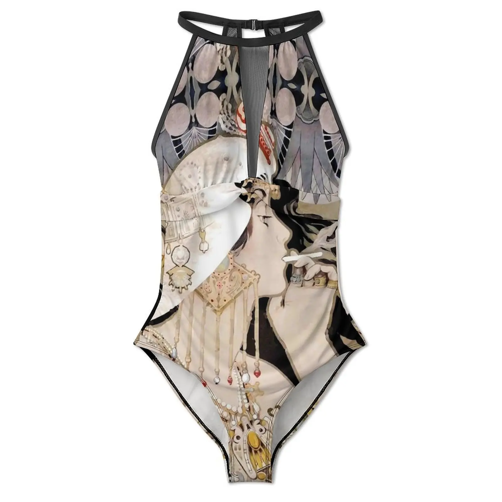 Art Nouveau Bejeweled Smoking Woman Swimsuit Sexy  One Piece Swimwear Push Up Swimsuits Vintage Holiday Rave Bathing Suits