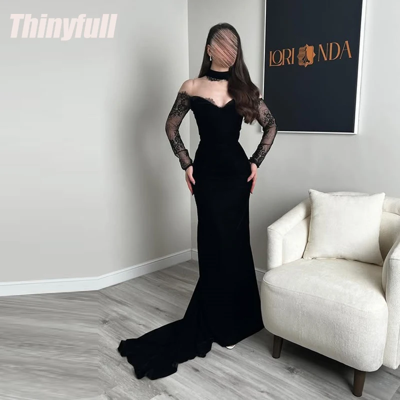 

Thinyfull Mermaid Velvet Black Prom Dresses Off Shoulder Long Sleeves Evening Dress 2026 Formal Gown Robe De Soirée Customized