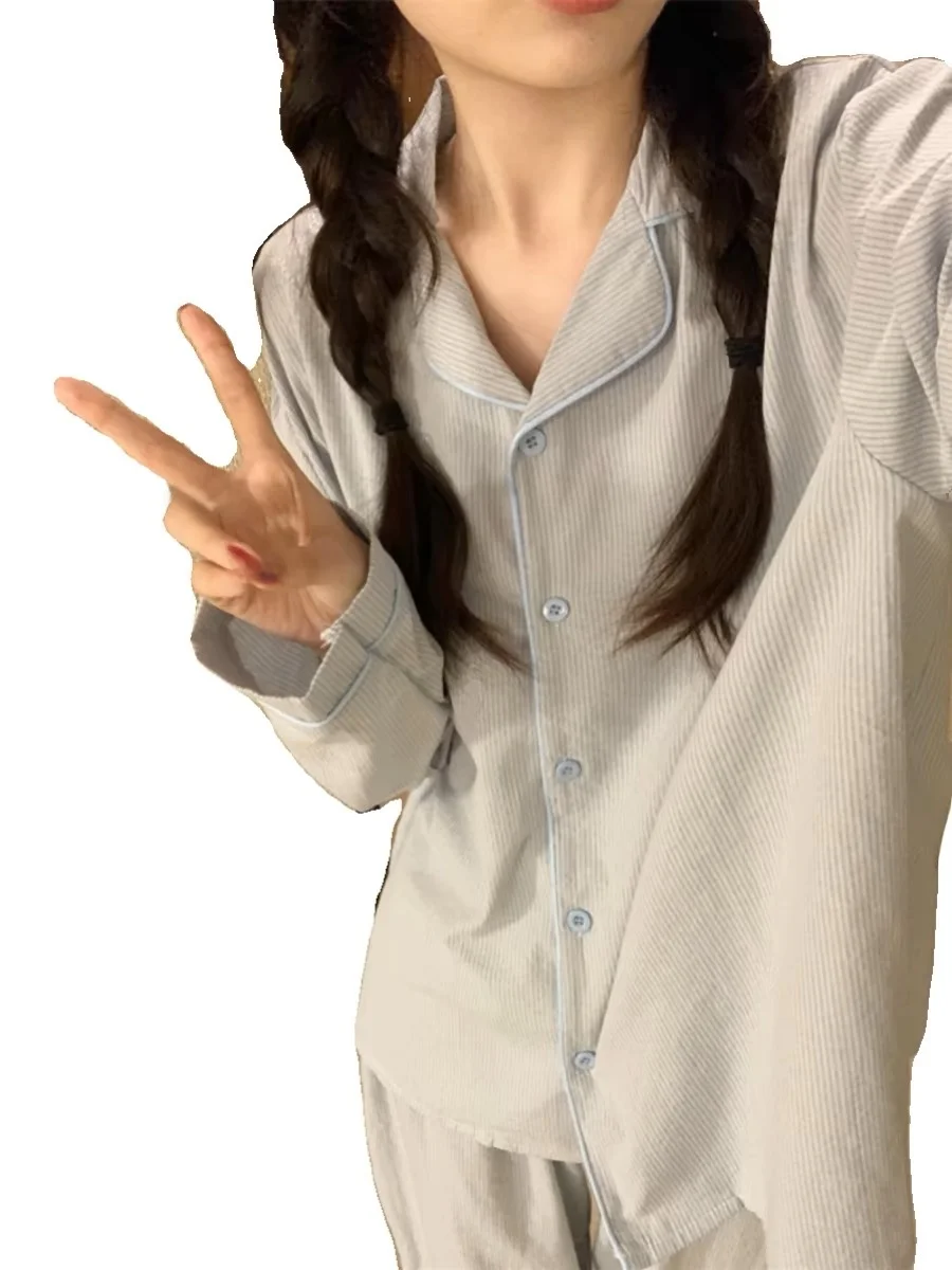 

Comfortable Cotton Linen Nightgown Women's Long Sve Home Clothes Set Spring Autumn Light Blue Striped Spwear Outerwear