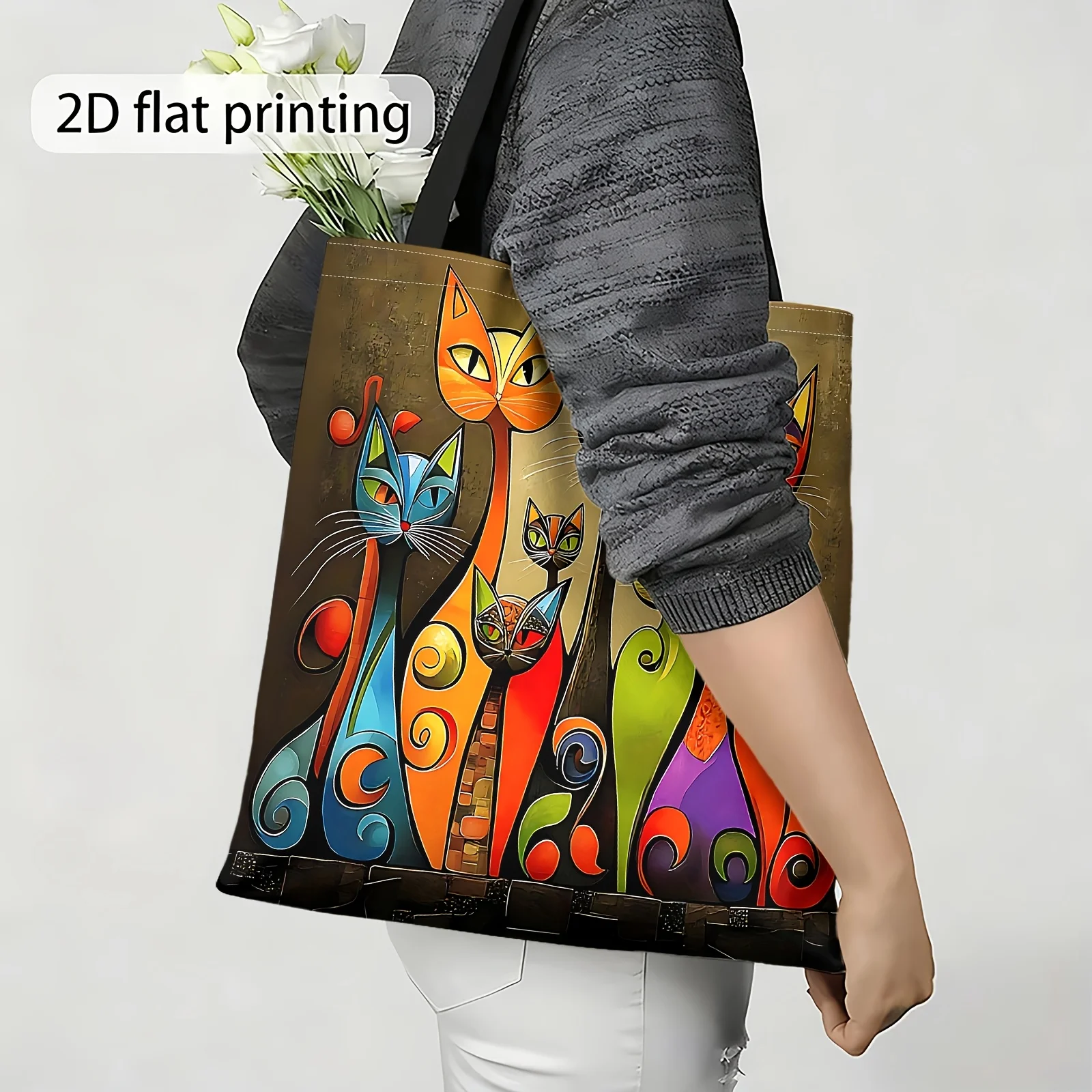 1pc Shoulder Bag Featuring a Colorful Abstract Cat Design Reusable Shopping Bag As a Women'S Handbag Grocery Pouch