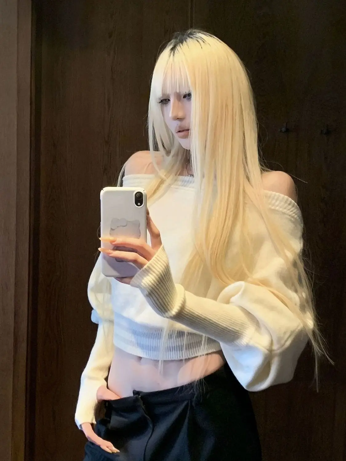 

Korejpaa Simple Solid Sueter Mujer Elegant Off Shoulder Sweater Women Casual Slim Waist Short Pull Femme Long Sleeve Top
