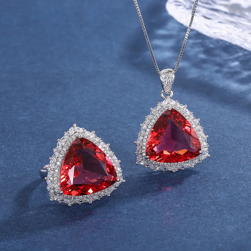 New European and American style vintage ruby triangular luxury inlaid ring and pendant set with main stone17*17