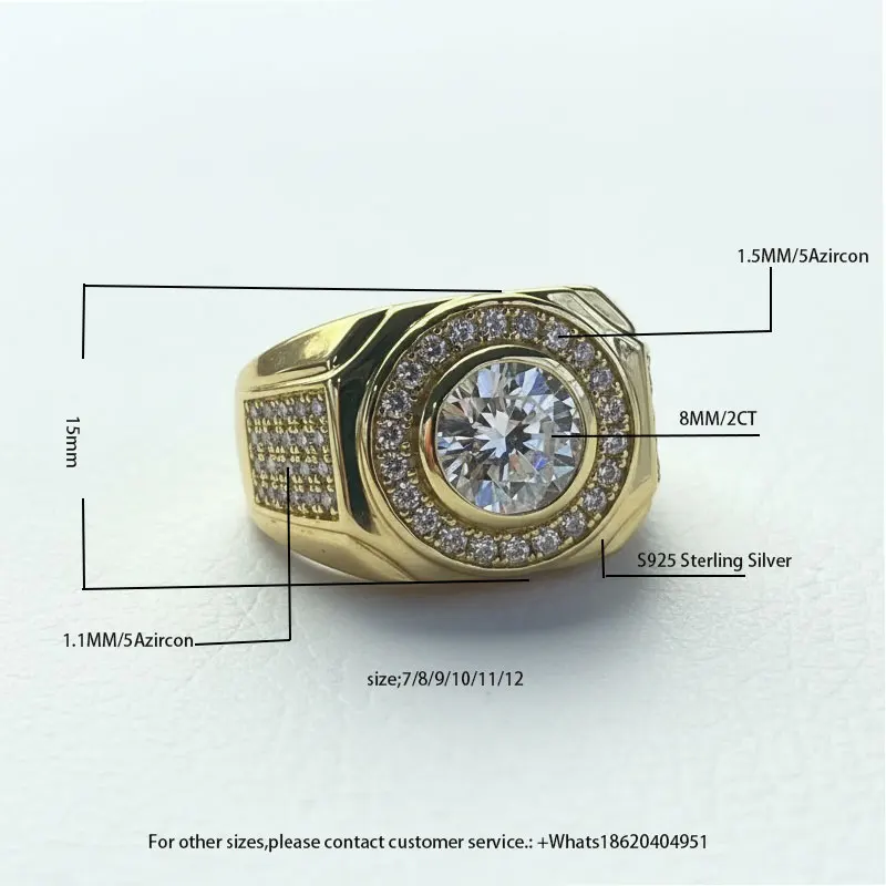 

Fashion Men's S925 Sterling Silver Gold Plated Ring 2CT 8MM Cubic Zirconia Center Stone Hip Hop Statement Ring for Men Size 7/8/