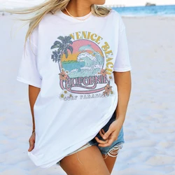 Venice Beach Palm Trees Oversized T-Shirts Women 2023 Summer Vintage California Surf T Shirt Cute Vacation Graphic Tees Tops