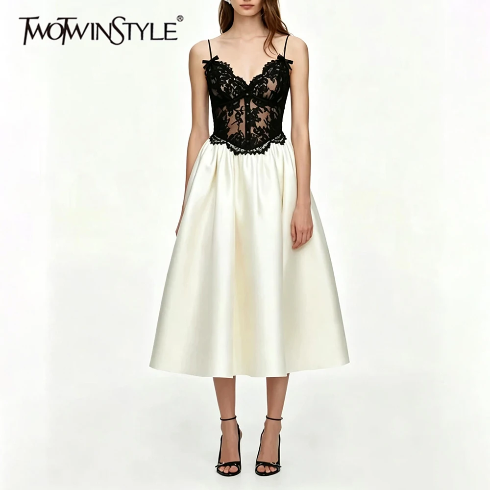 TWOTWINSTYLE Spliced Lace Midi Casual Dress for Women V Neck Sleeveless Patchwork Zipper Slimming Dresses Female Fashion Style