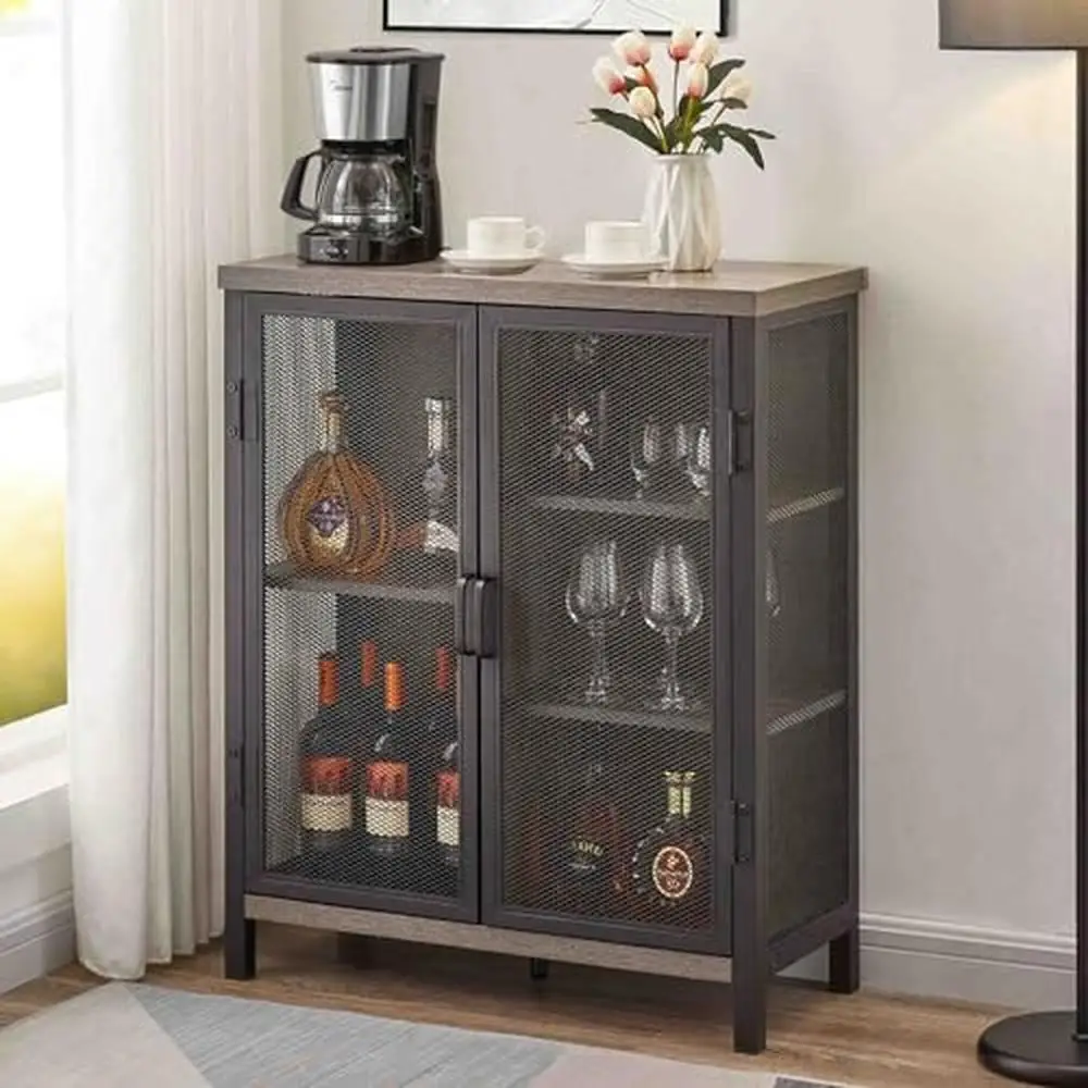 Small Industrial Coffee Bar Cabinet with Shelves Home Buffet Liquor Glasses Storage Sideboard Metal Frame Rectangular Wood Dark