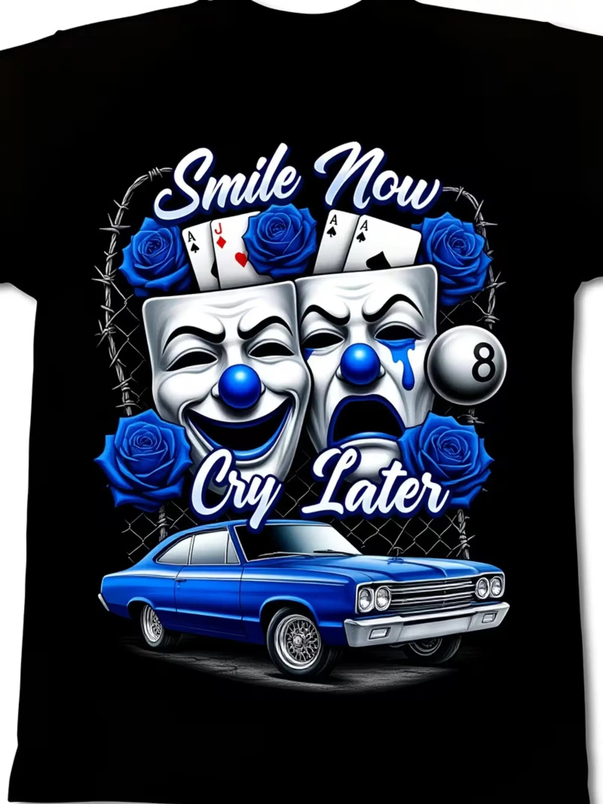 Men'S Vintage Circus Clown Masks and Smile Now Cry Later Graphic T-Shirt Retro Blue Roses and Classic Car Streetwear Tee Soft Breathable Crewneck Allseason Casual Top Durable Medium Stretch Retro Casual Short-Sleeved T-Shirt with Round Neck and Prin