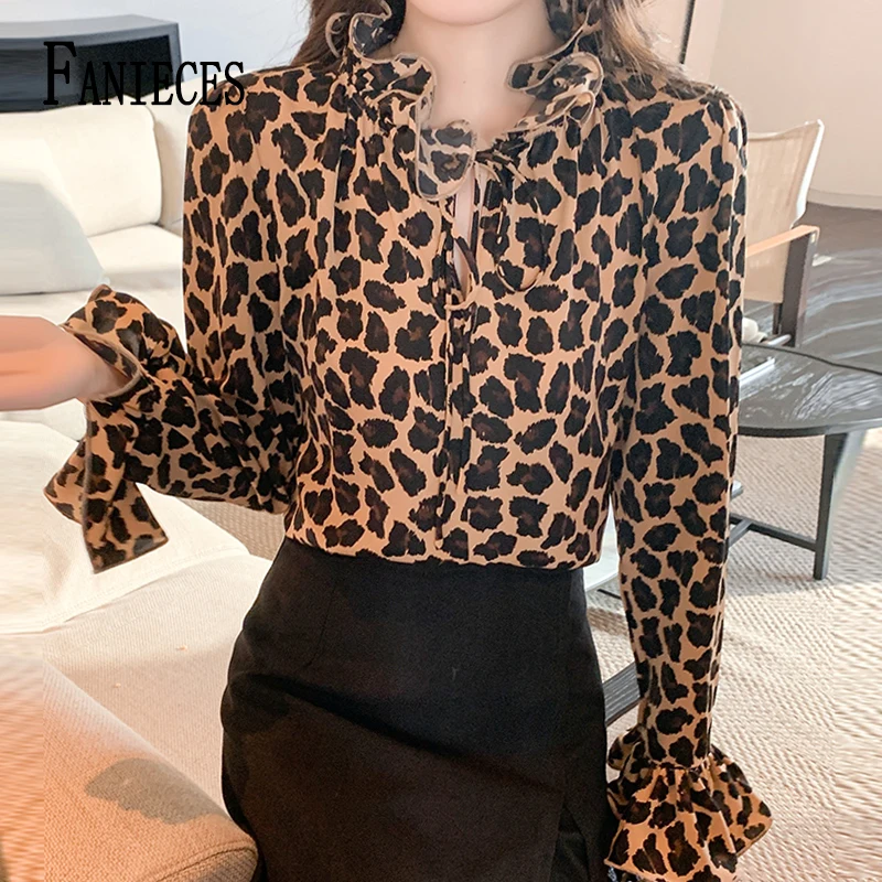 

FANIECES Leopard Print Women Chiffon Blouses Ruffled Edge Stand Collar Autumn Long Sleeve Female Shirts Pullover Tops blusa