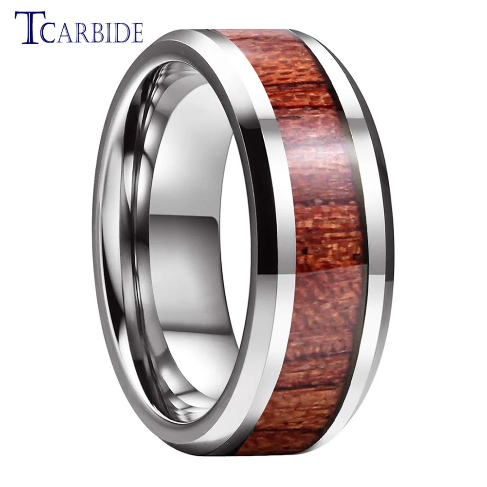 8mm Men Women Tungsten Wedding Band Rosewood Koa Wood Inlay Ring Multicolor Beveled Polished Finish Classic Gift Jewelry