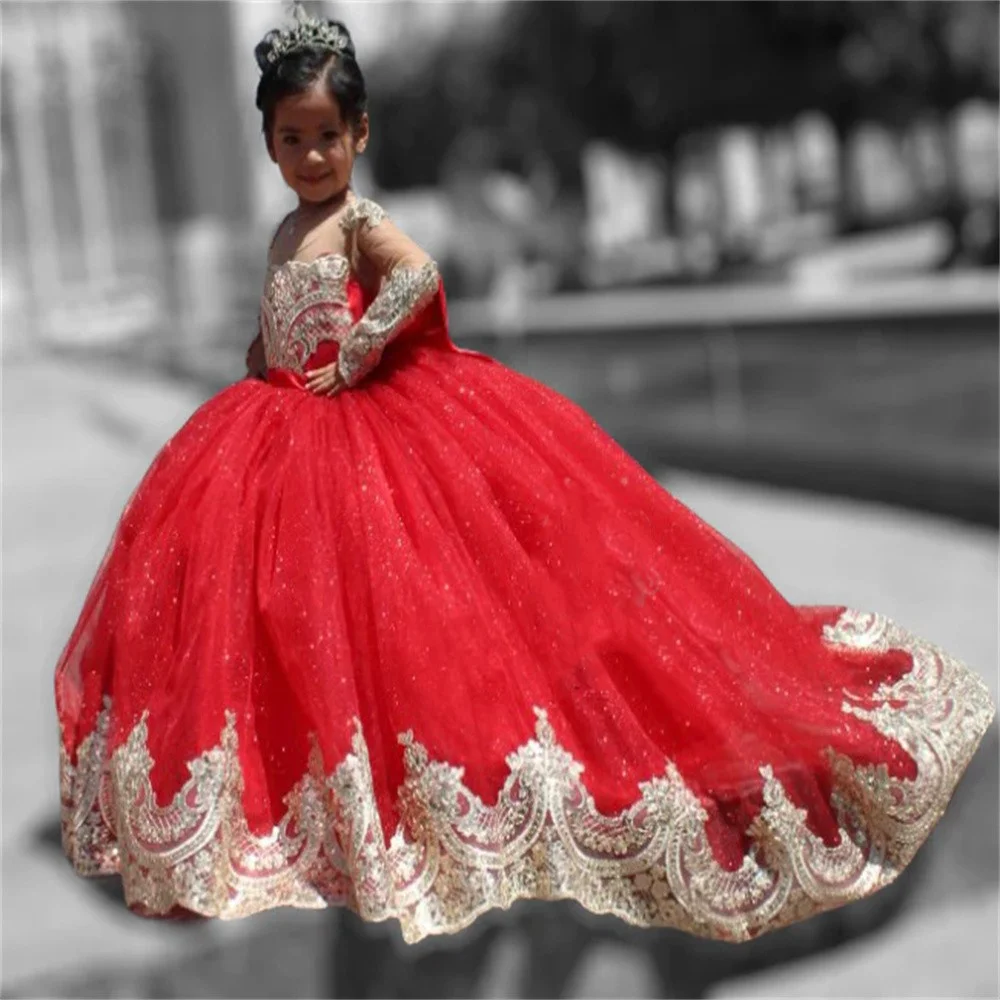 

Red luxry Gold Appliqués Flower Girl Dress Tailing Party Wedding Ball Gown Evening Kids Dress Birthday Gifts