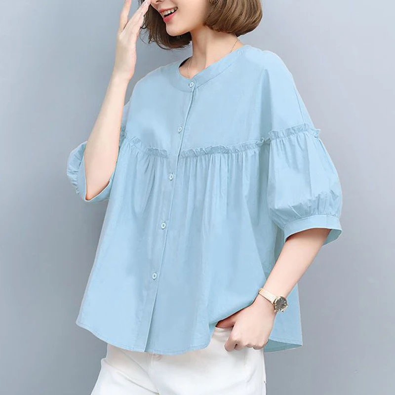 2023 Spring Summer Korean Kawaii Sweet Ruffle Oversized Street Shirts Fashion Casual Simple Solid O Neck Top Blouse Women Blusas