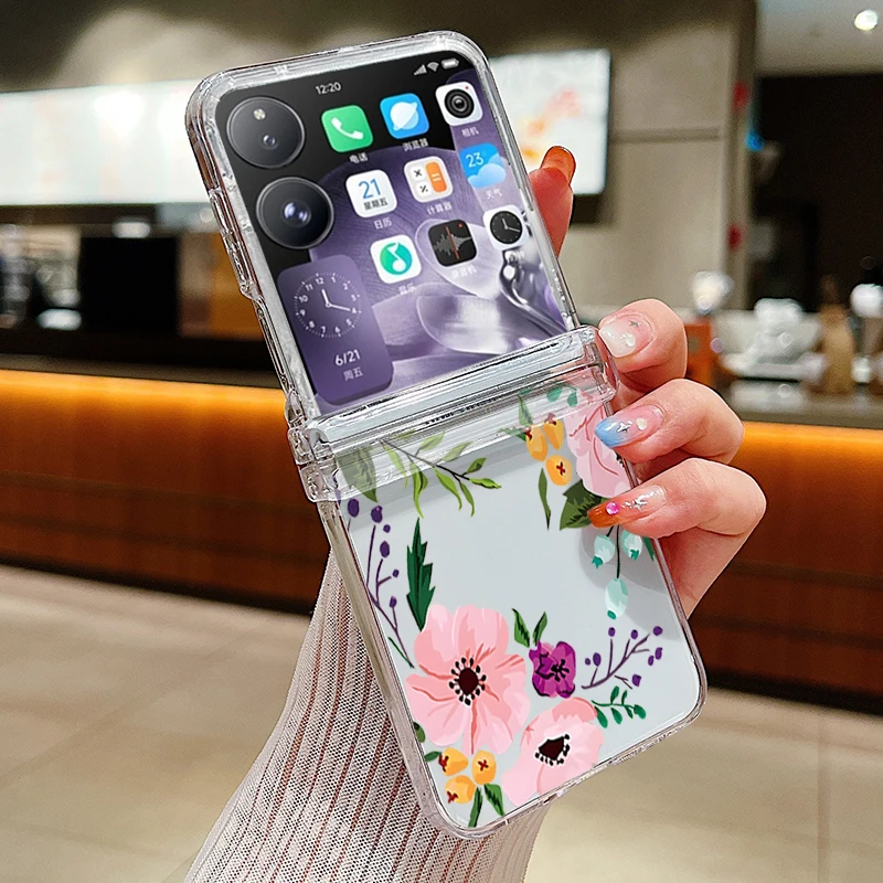 Transparente Handyhülle mit rosa Blumenmuster für Xiaomi Mix Flip 2, stoßfeste, klare, faltbare Hülle aus Hart-PC für Xiaomi Mix Flip