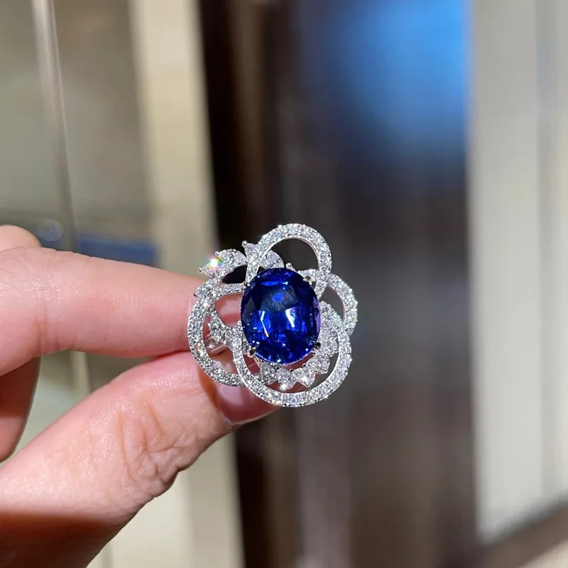 925 sterling silver color treasure classic sapphire open ring, women's light luxury high-end gift, romantic and sweet accessory