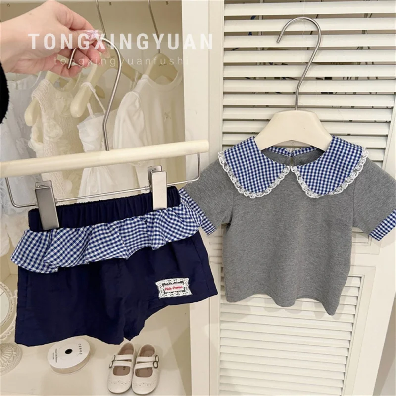 

New Summer Girls Fashionable Short Sleeve Gray Col Claudine Top Versatile Shorts Plaid Suit