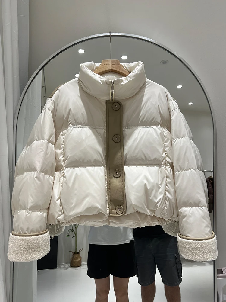 Women lamb fur splicing design sense white duck down jacket trendy winter new thick warm color blocking down jacket