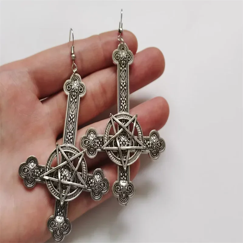 Large Upside Down Cross Earrings Inverted Pentagram Ornate Cross Pendant Vintage Gothic Satanic Pagan Wiccan Occult Jewelry