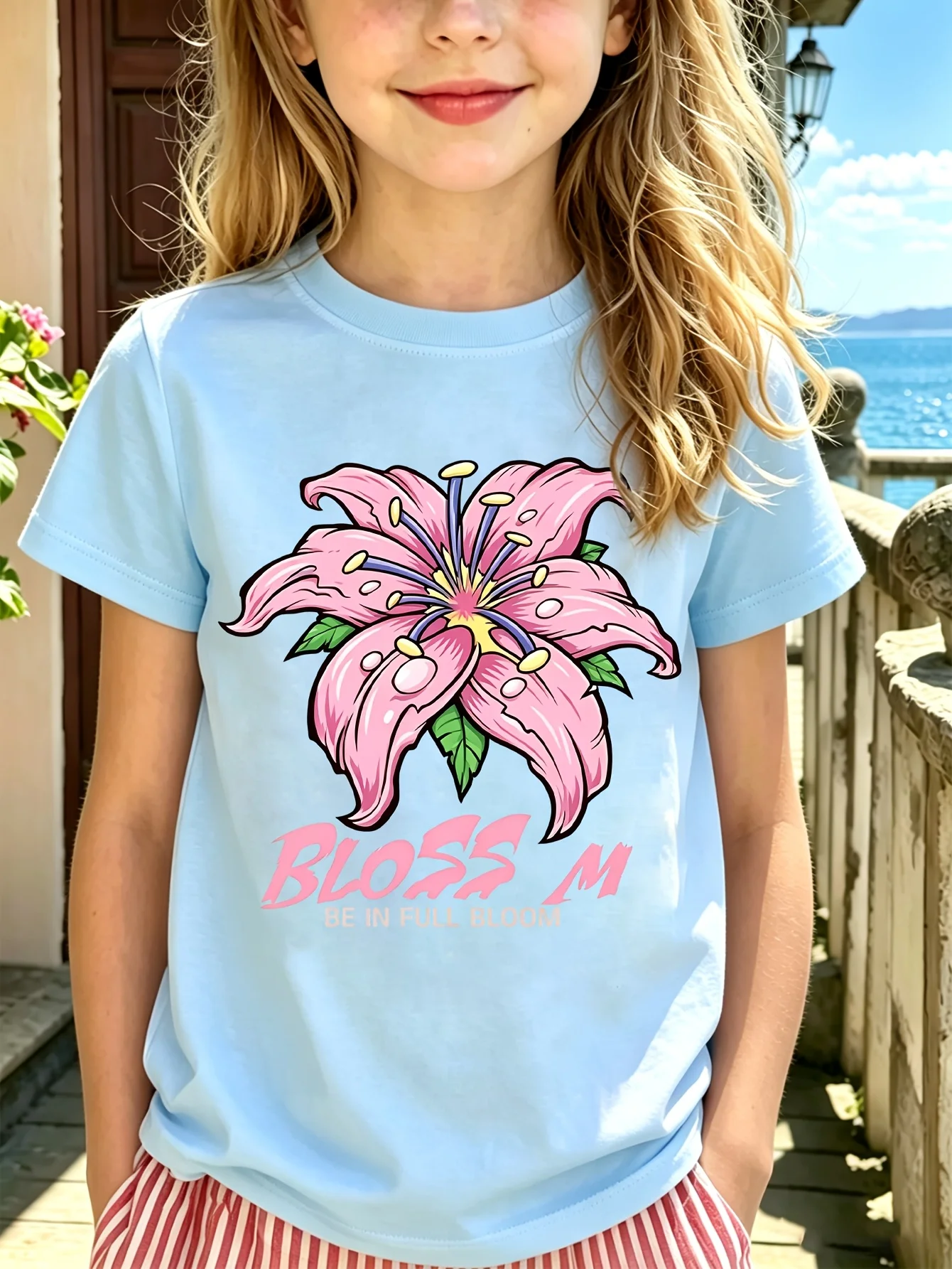 Pink Lily Blossom Be In Full Bloom Letter Graphic Family Matching T Shirt Boys Girls Short Sleeve Summer Crew Neck Casual Tops