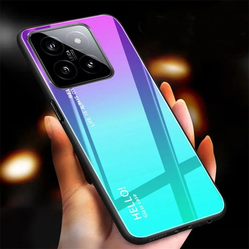 Skinlee For Xiaomi 14 Case Gradient Color Glass Hard Cover with Silicone border For Xiaomi 14 Pro Back Shell
