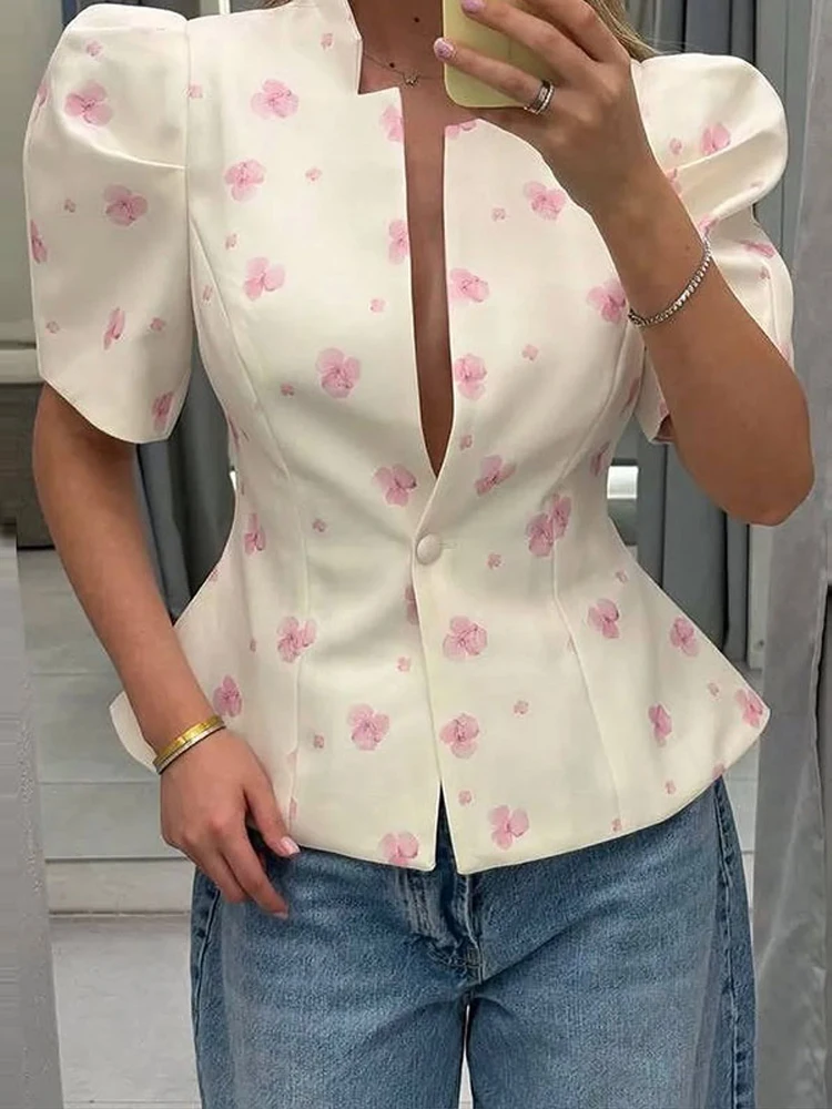 2026 Summer Autumn Urban Print Women's Blazer Elegant Stand Collar Single Button Short Puff Sleeve Female Top Fashion New
