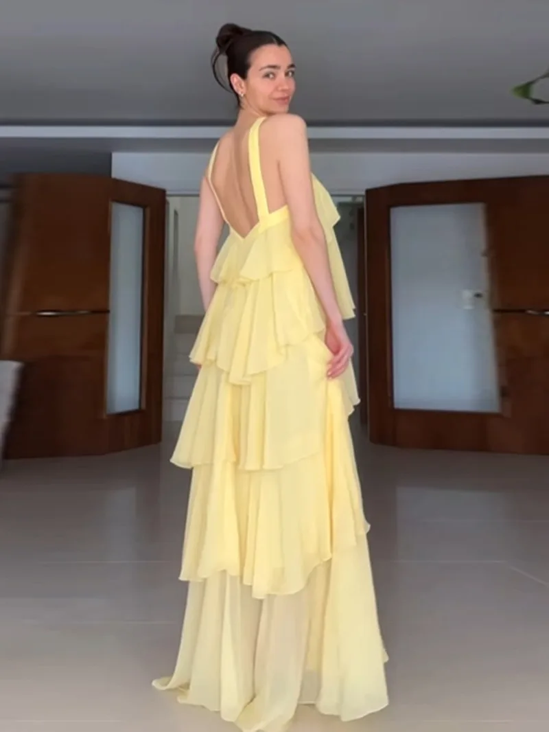 3d flor babados em camadas vestidos femininos elegante chiffon sem costas sem mangas fofo vestido longo verão nova senhora praia robes o9d0